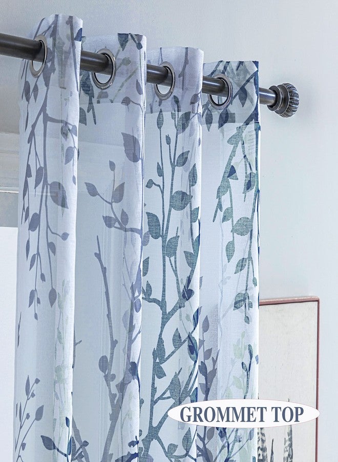 Luvyohmee White Navy Blue Curtains 84 Inch Length 2 Panels Set, Semi Sheer Window Curtain Drapes for Living Room/Bedroom, Blue Nature Tree Branches Patterned Linen Textured Curtains, Grommet Top W52XL84 - Image 2